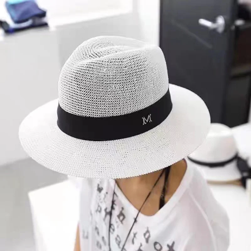 UV New Ladies Men Fashion Letter M Straw Hat Sun Hat Panama Spring Casual Summer Beach Classic Straw Jazz Basin Hat Wholesale