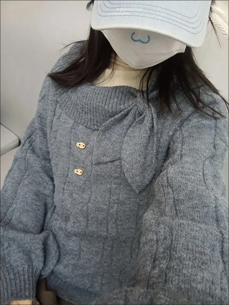 اليابانية الحلو نمط الأرنب الأذن متماسكة سترة كابل متماسكة سليم صالح البلوز المرأة طالب أعلى رمادي وردي متاح Kawaii الأزياء #4