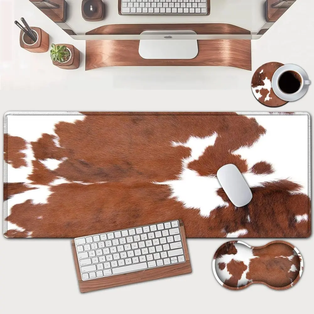 

Extra-Large Desk Mouse Pad with Memory Foam Wrist Support - 31.5x11.8in, Brown Cowhide Design for Comfortable Gaming and Office