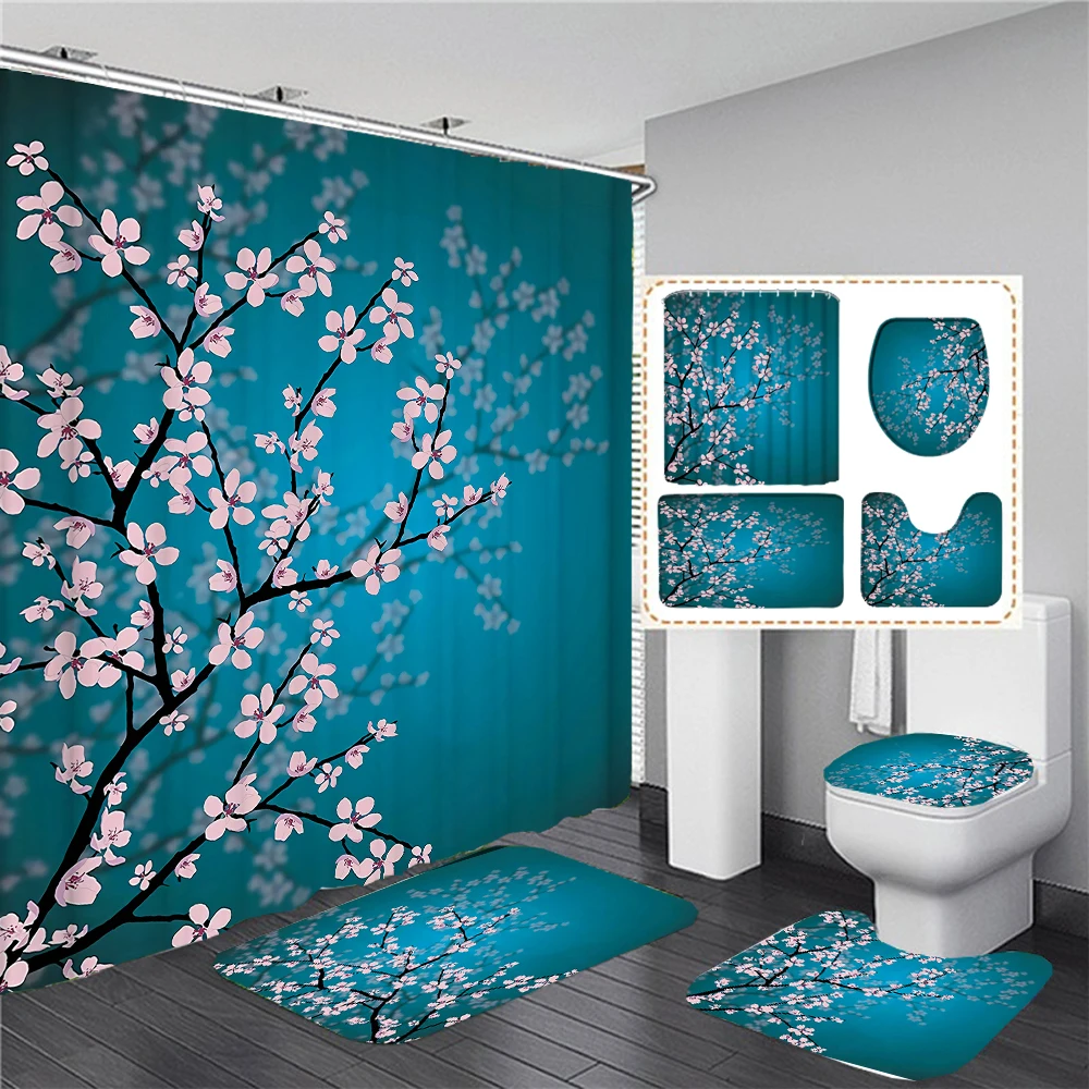 Romantic Cherry Blossom Shower Curtains Bathroom Curtain Set Pink Sakura Plum Flowers Bath Curtains Toilet Mat Rug for Bathtub