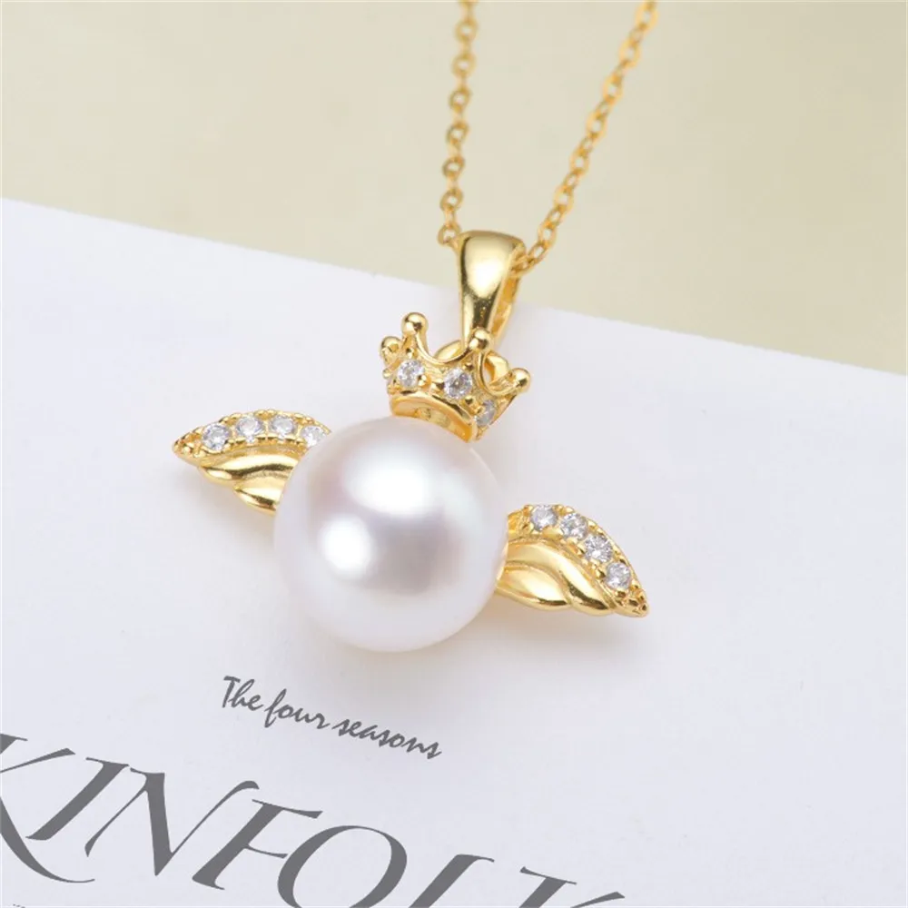 

DIY Pearl Accessories S925 Sterling Silver Pearl Pendant with Empty Angel Style Necklace Pendant Fit 7-8mm Round Flat Beads D340