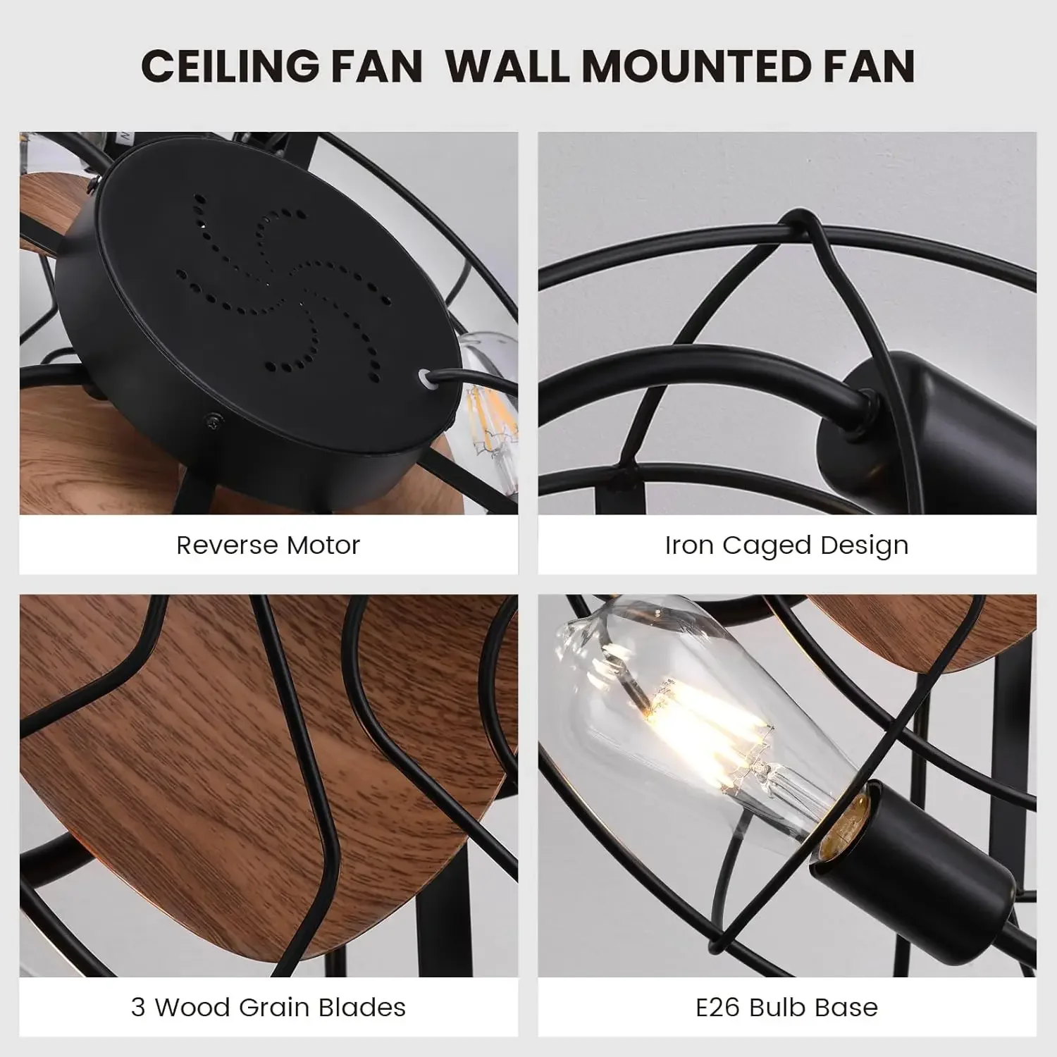 20" Fansconce, 6-Speed Wall Mount Fan,Timable Caged Ceiling Mount Fan with Remote and Light, Industrial Outdoor/Indoor Wall Moun