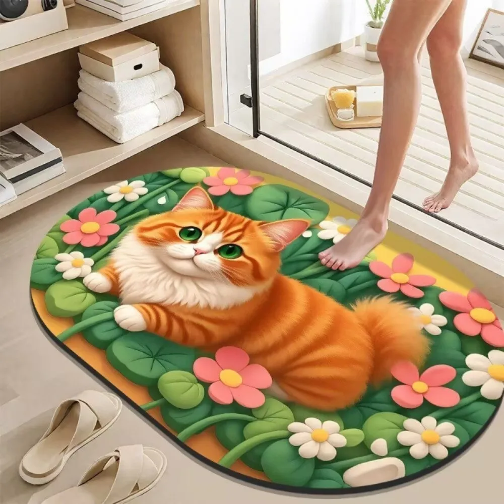 Diatom Mud Floor Mat Pastoral Style Water-absorbing 3D Cat Doormat Non-Slip Entryway Rug for Bathroom&Living Room Decoration