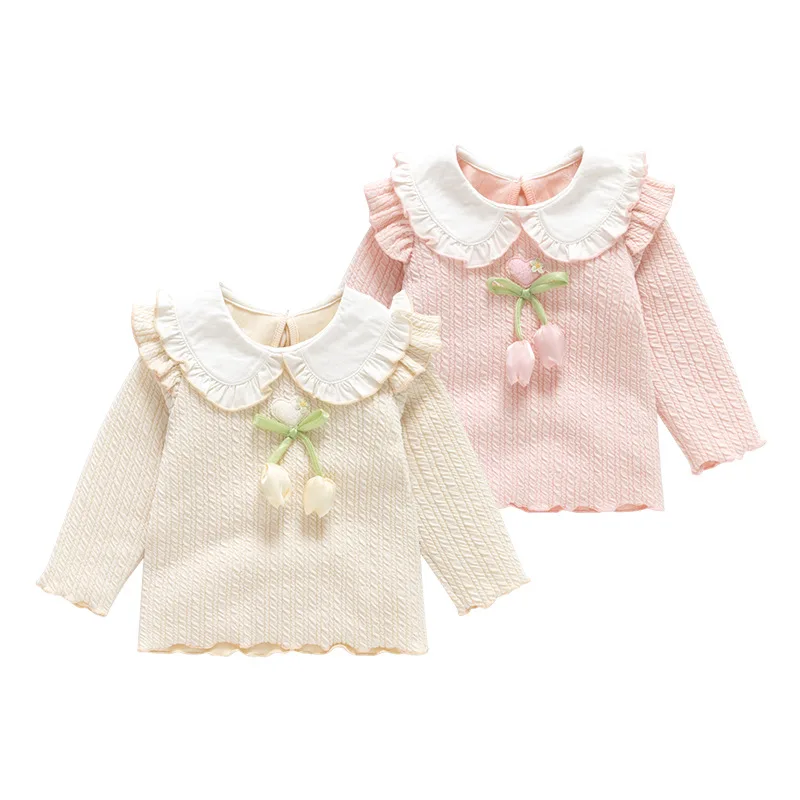 2025 Autumn Winter Baby Girls Knit Long Sleeve Blouse Sweet Princess Style Ruffled Collar Cute Toddler Top