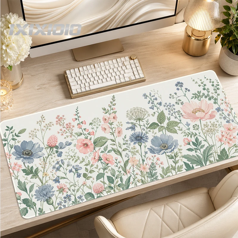 Mouse Pad Gaming Green Leaves Pink Flowers XL Home Mousepad XXL Playmat Non-Slip Office Natural Rubber Desktop Mouse Pad