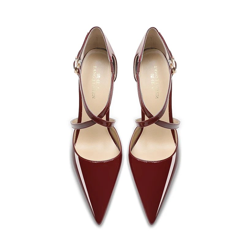 Cross tie high heels for women with thin heels and red soles, new summer 2024 one line buckle wine red toe sandals