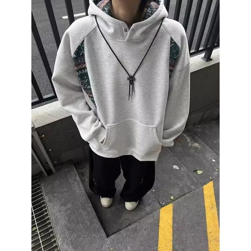 2026 Fall Couple Ethnic Geometric Spliced Hooded Sweatshirt Men Heavy Stiff American Retro Loose Pocket Streetwear Hoodie Jacket