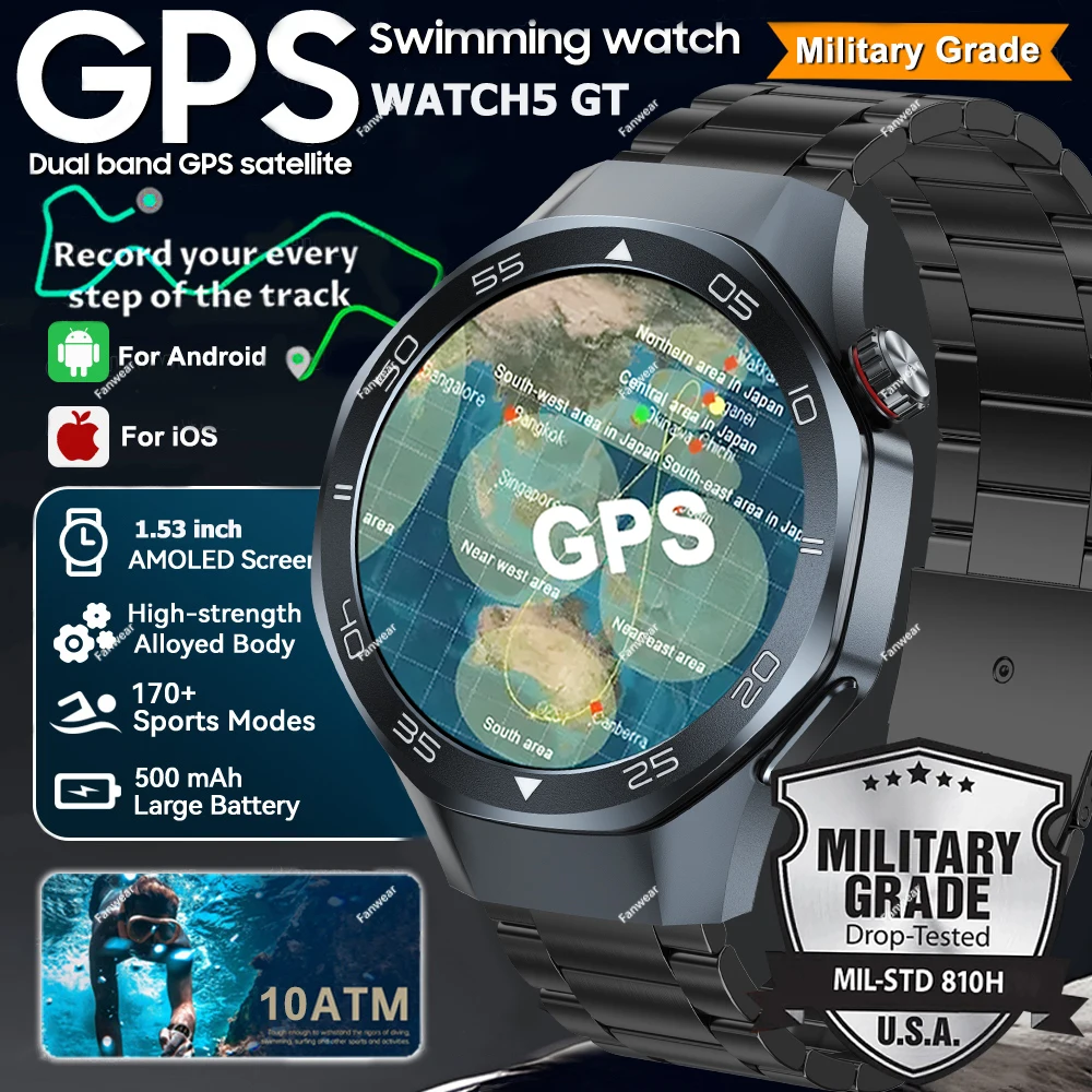 

2025 new GT5 Pro smart watch For huawei Watch HD AMOLED sapphire screen GPS tracker BT call healthy waterproof smart watch heart
