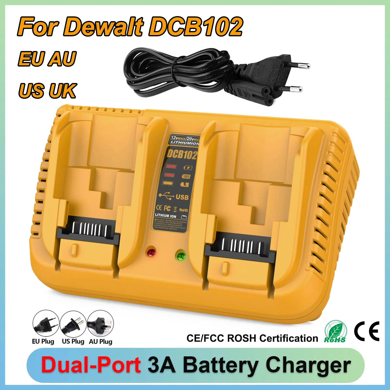 Carregador Rápido de Porta Dupla 3A DCB102 para Baterias Li-ion Dewalt 12V 14.4V 18V 20V com LED USB - Compatível com DCB205 DCB115 DCB107 DCB112