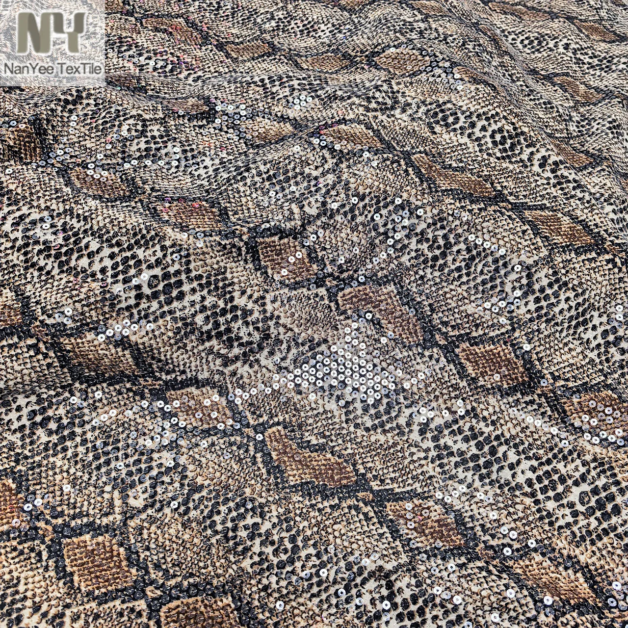 Full Cover 5MM Transparent Clear Sequins Embroidered On Polyester 4 Way Stretch Digital Printed Leopard Knitted Fabric