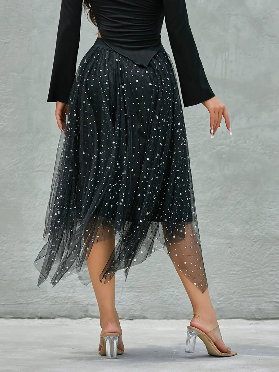 Women Tutu Tulle Skirts Elegant Fashion Solid Color Elastic High Waist Floral Print Mesh Overlay Layered A Line Flowy Midi Skirt