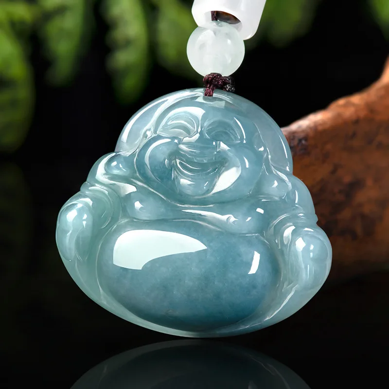 Natural A-grade Jadeite Blue Water Buddha Big Belly Buddha Old Material Ice Seed Jade Pendant Men's Necklace Women's Pendant