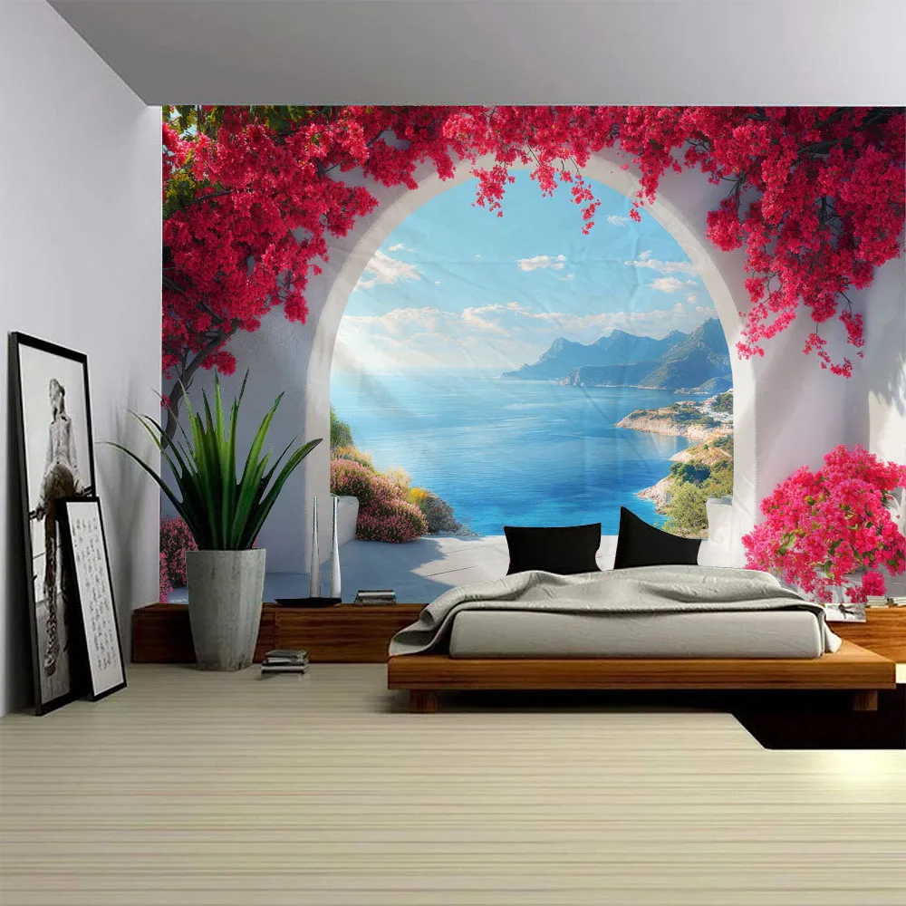 

Bright purple flowers, sea scenery tapestry, balcony landscape wall decoration, Bohemian headboard background cloth