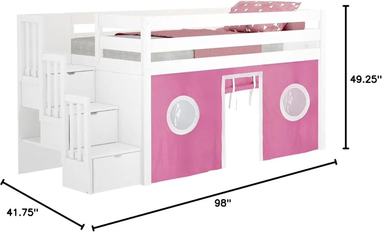 Contemporary Low Loft Twin Bed with a 3 Drawer Stairway White with Pink White Tent Made with solid wood including knot free pine