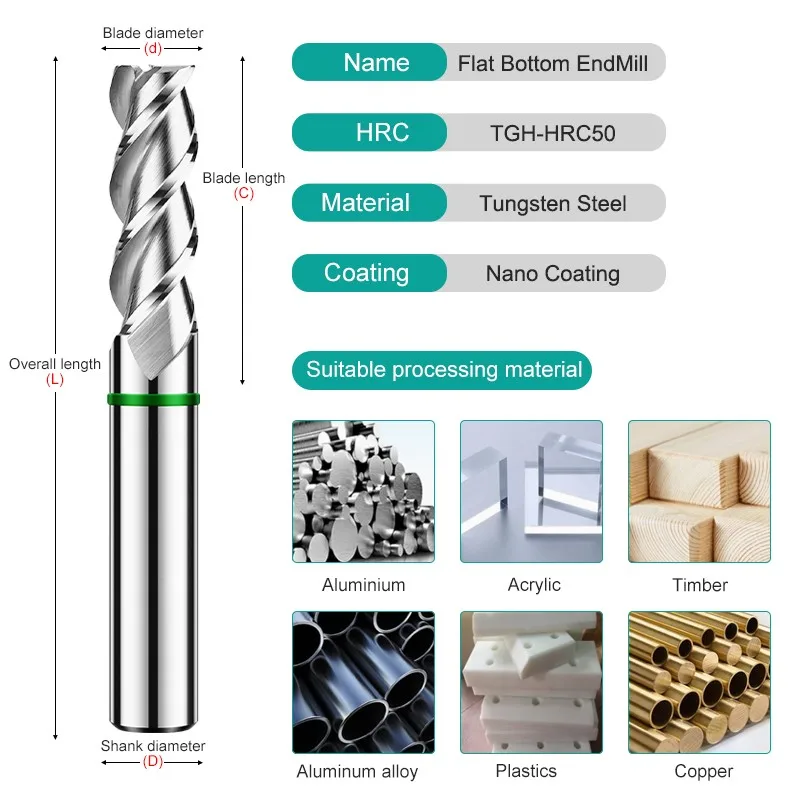 YIFINO TGH-HRC50 Green Ring 3-Flute acciaio al tungsteno carburo di alluminio fresa a fondo piatto CNC Mechanical Machin End Mill