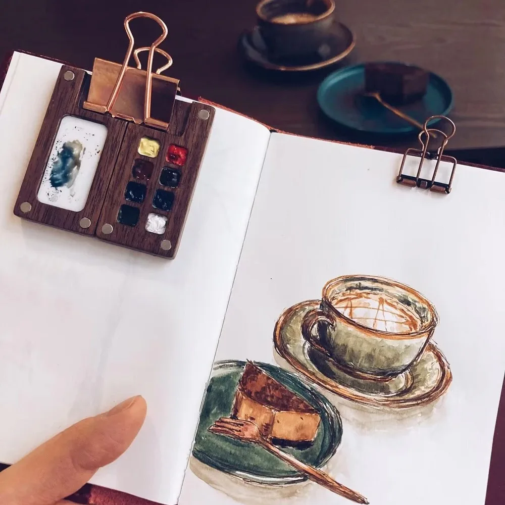 صندوق فارغ لوحة ألوان مائية صغيرة من خشب الجوز الأسود طلاء خشبي محمول صندوق فارغ خشبي 8 شبكات #2