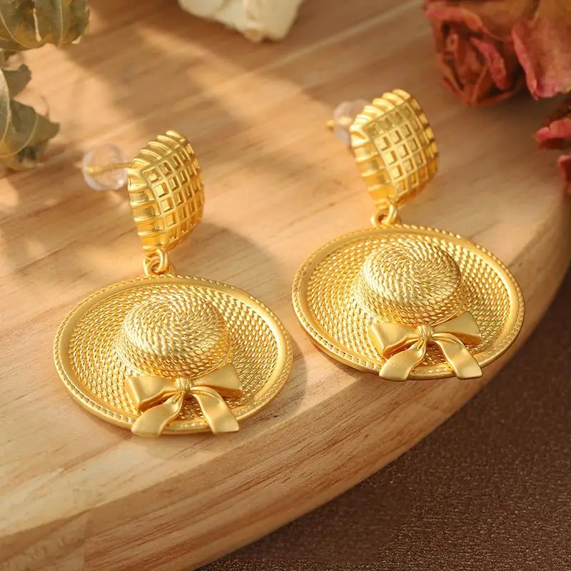 Dropshipping Vintage Retro Jewelry 925 Silver Needle PVD Gold Color Straw Hat Dangle Earrings For Women Party Gift