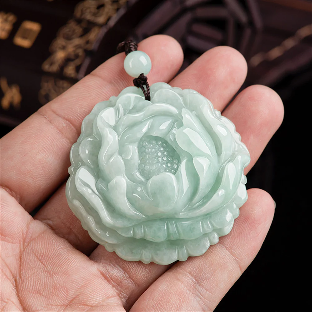 Natural Ice Green Jadeite Carved Poeny Flower Elegant Lucky Pendant Amulet Necklace Certificate Luxury Jade Trendy Jewelry Gift