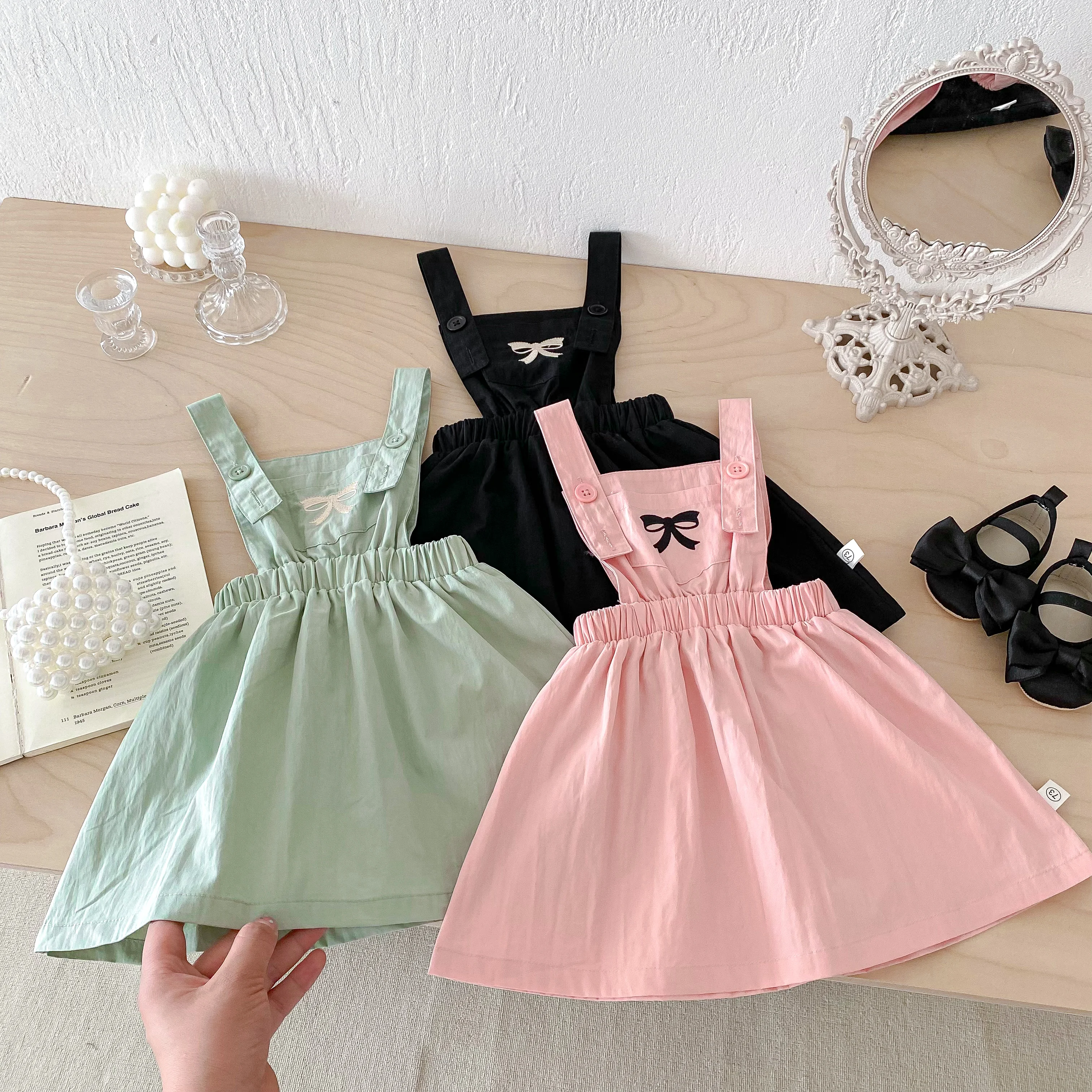 Korea Style Kids Girl Dress Cute Bow Prints Sling Baby Girl Overalls Dress 1-5yrs Baby Girls Outfit