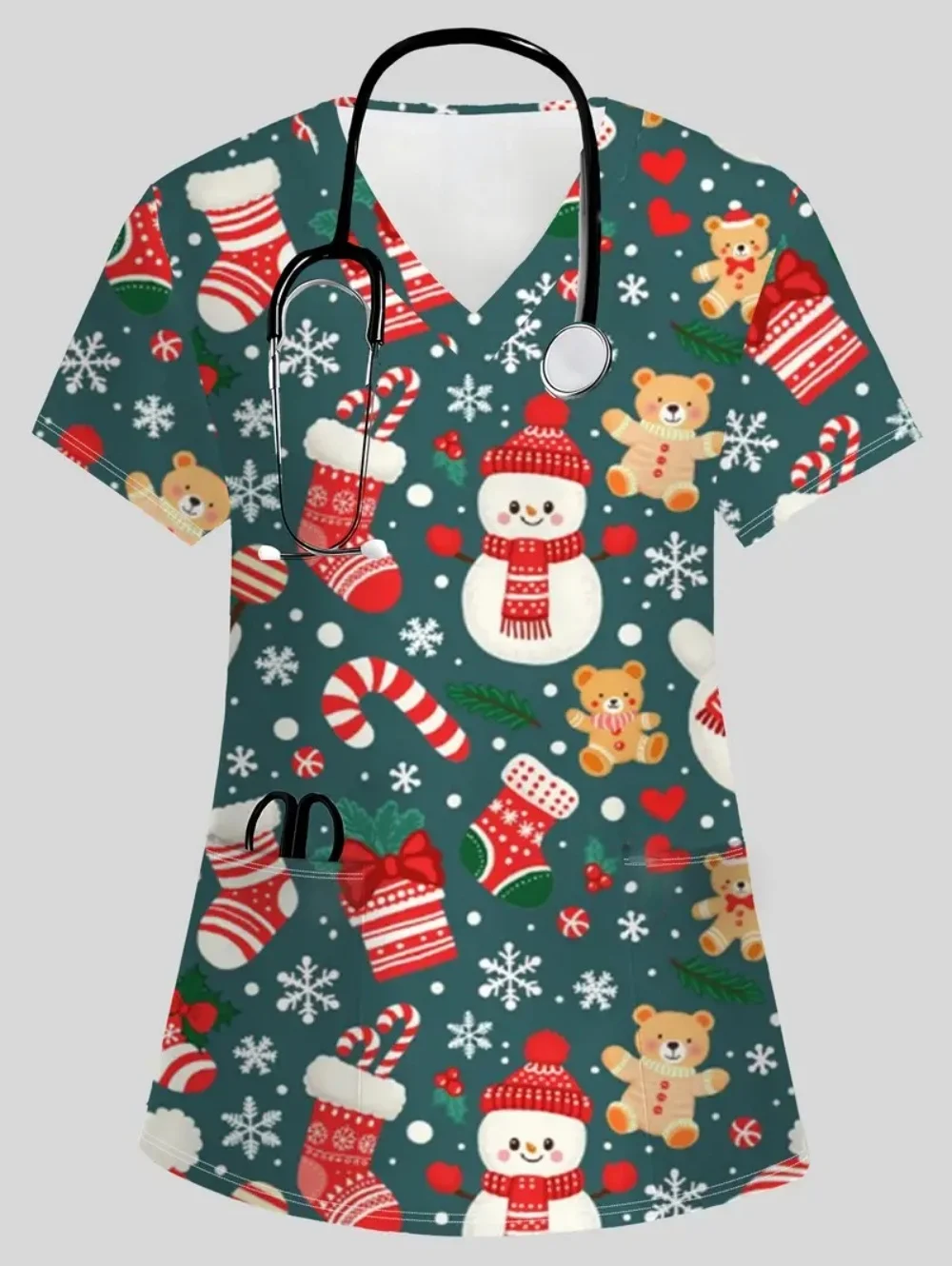 الدعك موحدة امرأة عيد الميلاد سلسلة يطبع سبا الطبيب البيطري الخامس الرقبة قصيرة الأكمام ممرضة الصيف موضة طبيب الأسنان الزي السريري امرأة #4