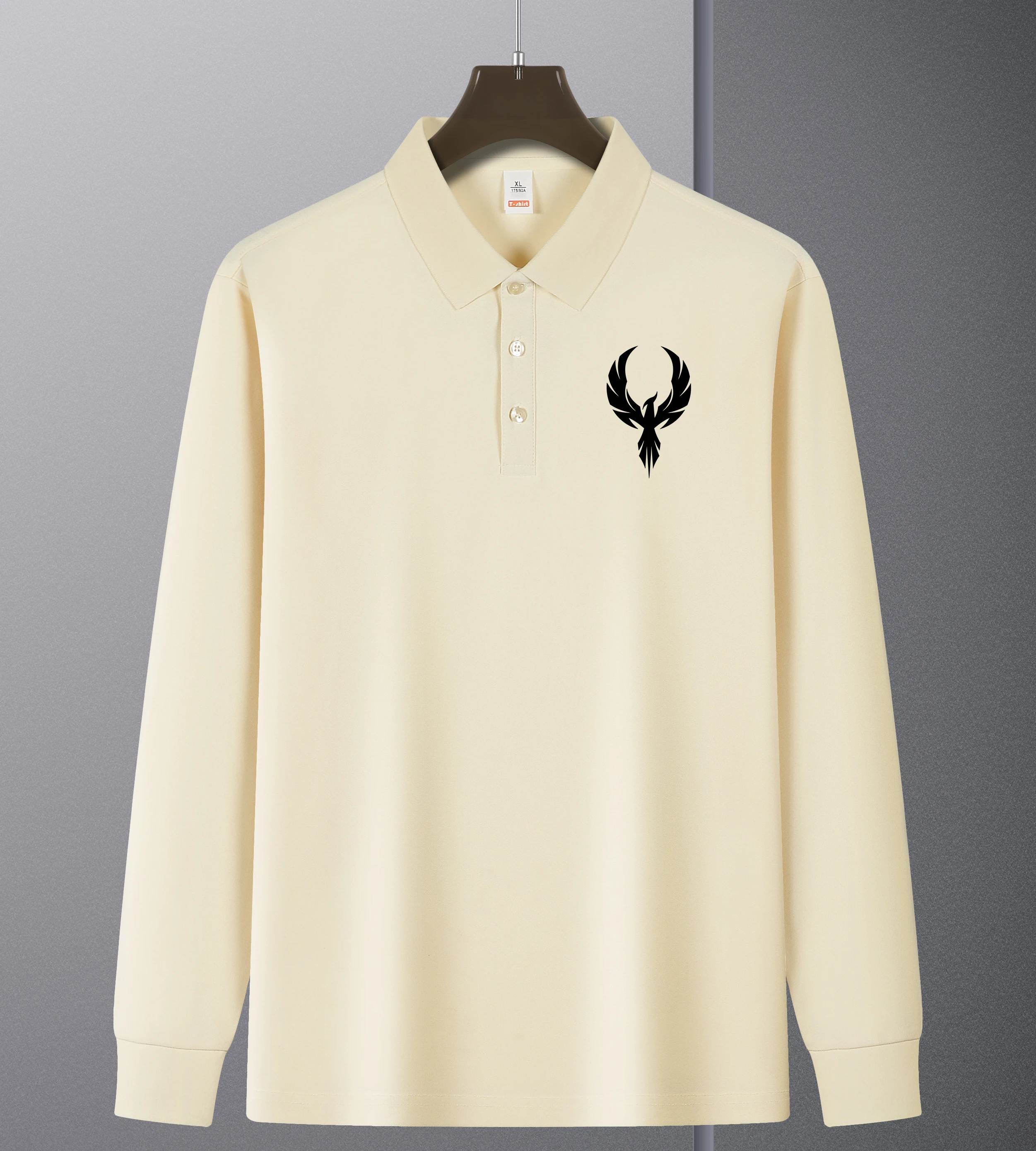 The Phoenix Flying Print Revers Polo Shirt Men Casual Soft Shirts Basics Gent Long Sleeve Comfortable Autumn Business Casual Tee