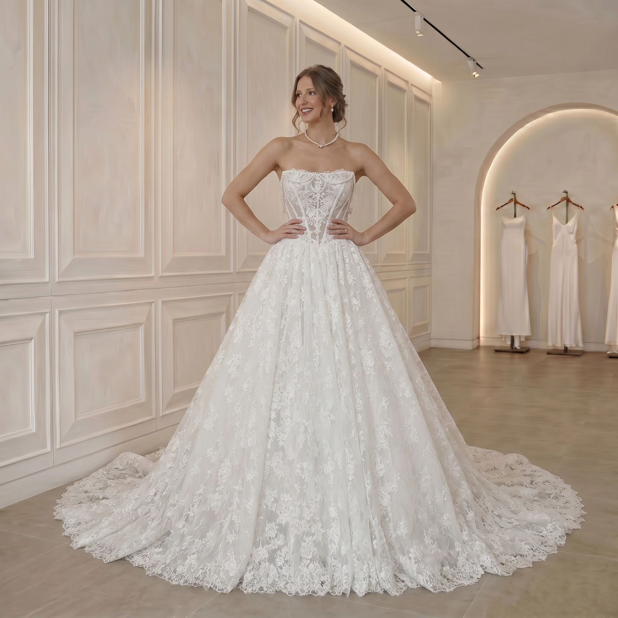 Strapless Lace Corset Ballgown Wedding Dress Sweetheart Neck Allover Lace Cathedral Train Princess Bridal Gown Custom Ivory