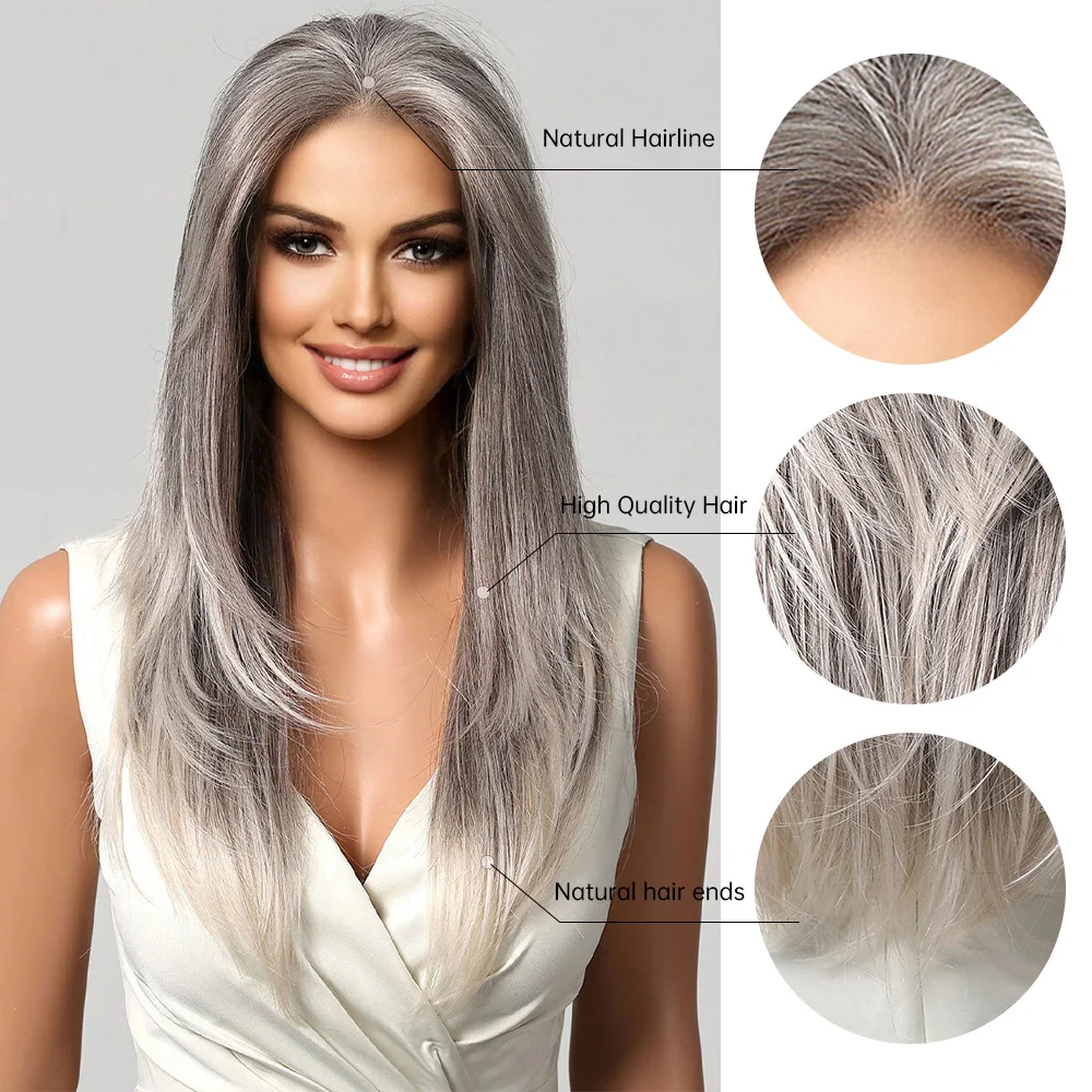 Afro Lace Wigs 13x6 Transparent Lace Frontal Synthetic Wig Silver Grey Platinum Ombre Hair for Black Women Straight Layered Wigs