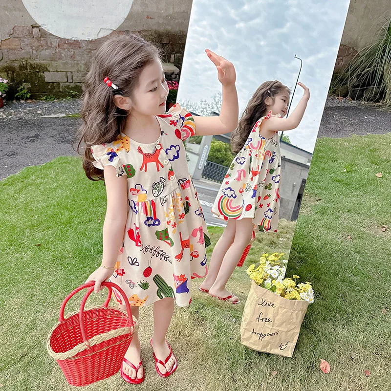 

PN&NP New Girls Dress Cartoon Print Cute Princess Party Little Flying Sleeve Clothes Pure Cotton Children Summer Dress Clothing