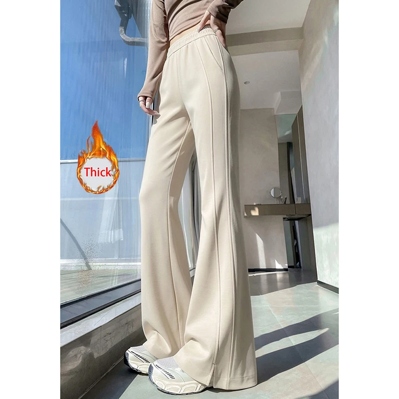 Casual Thick Flare Pants Women Fall Winter Casual High Waist Slim Warm Trouser Office Lady All Match Simple Side Slit Pants New