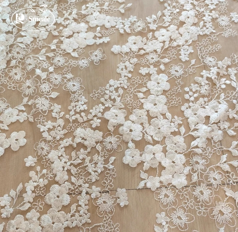 Sequin Lace Floral Bride Fabric, Wedding Dress, Headdress Skirt, DIY Hand Sewing Accessories, Clothing , Off White