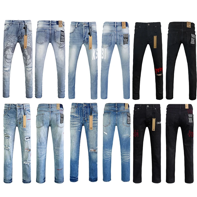 

Black Blue Fashion Men KSUBI Jeans Cross Brand High Street Hole Trend Low Rise Skinny Denim Pants Ripped Frayed Trousers