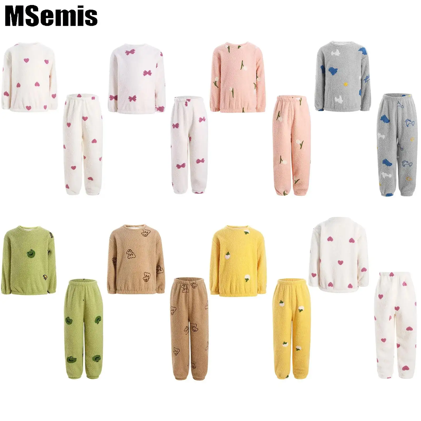 

Kids Cute Fleece Pajama Set Printed Girls Boys Sleepwear Nightwear Homewear Round Neck Long Sleeve Pullover Top with Pants