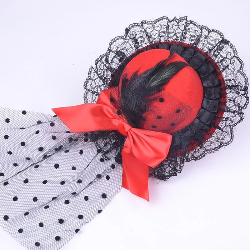 Girls Veil Mini Top Hat  Tea Party Hats Hair Clip Decorative with Flowers Feather Mesh Bow  pin Costume Christmas