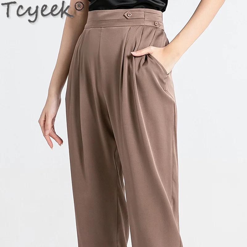 

Tcyeek 95% Mulberry Silk Harem Pants Spring Summer Black Pants Thin High Waisted Pants Women Ankle-length Woman Trousers 2024