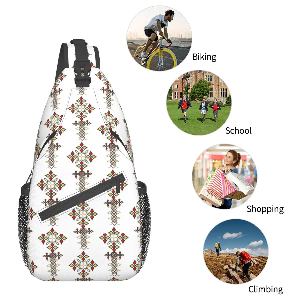 Bandolera cruzada etíope de arte africano, bolso de pecho fresco, mochila de hombro, mochila de día para senderismo, ciclismo al aire libre, bolsa de libros