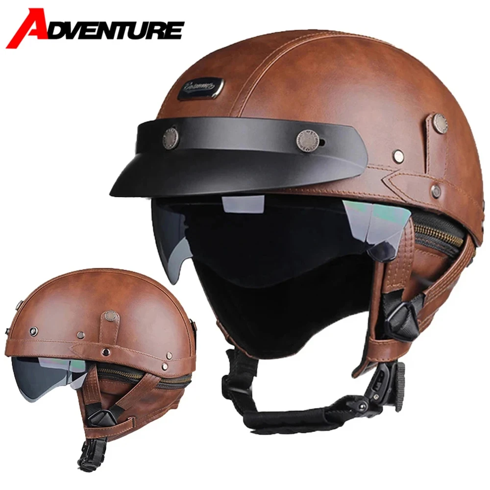 

Motorcycle Helmet Four Seasons Motorcycle Half Helmet Retro Leather Helmet Off Road Motorcycle Riding Protective Helmet