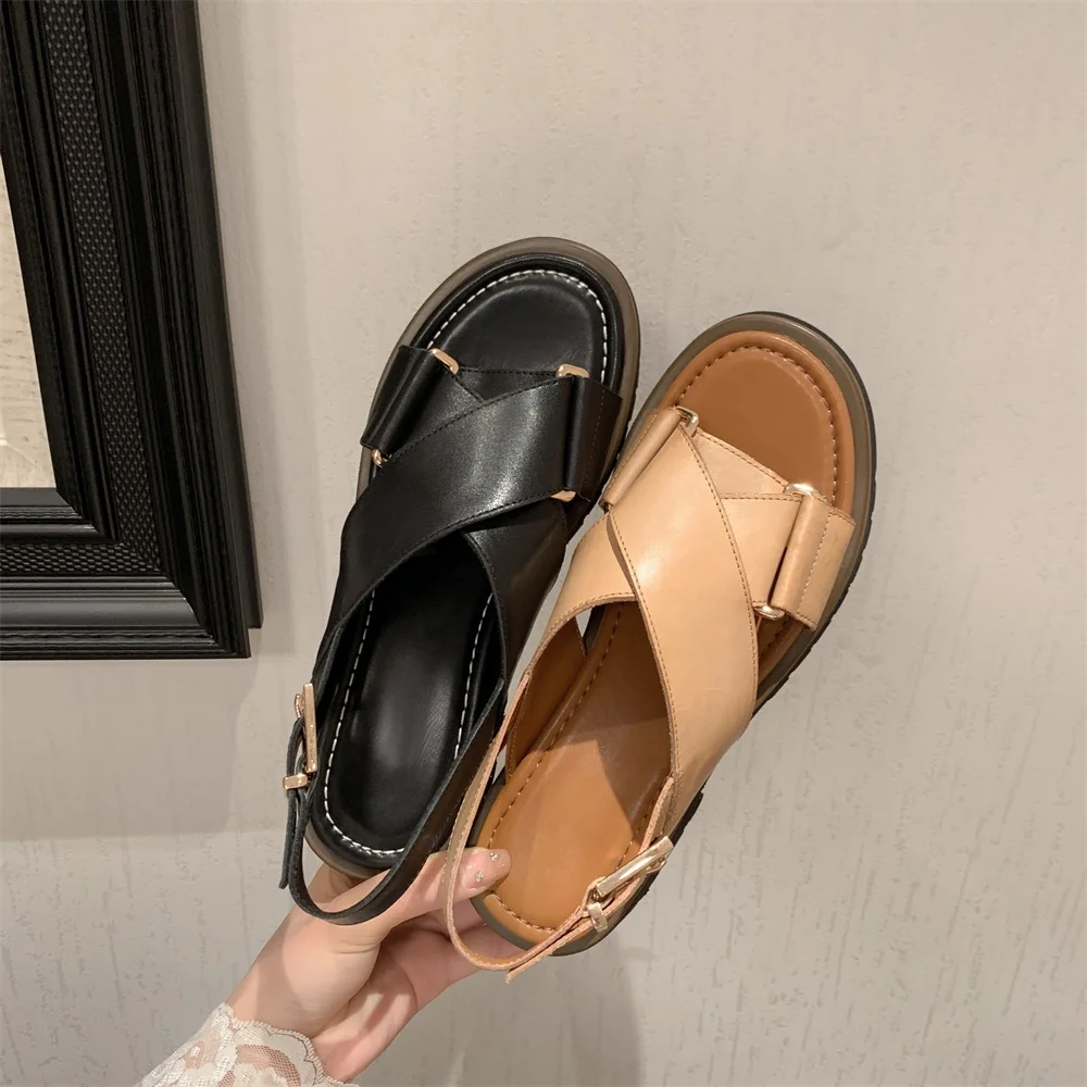 RIZABINA Size 35-40 Women Sandals Ankle Strap Genuine Leather Thick Heel Summer Daily Shoes Ladies Casual Pumps Shoes 2024 Trend