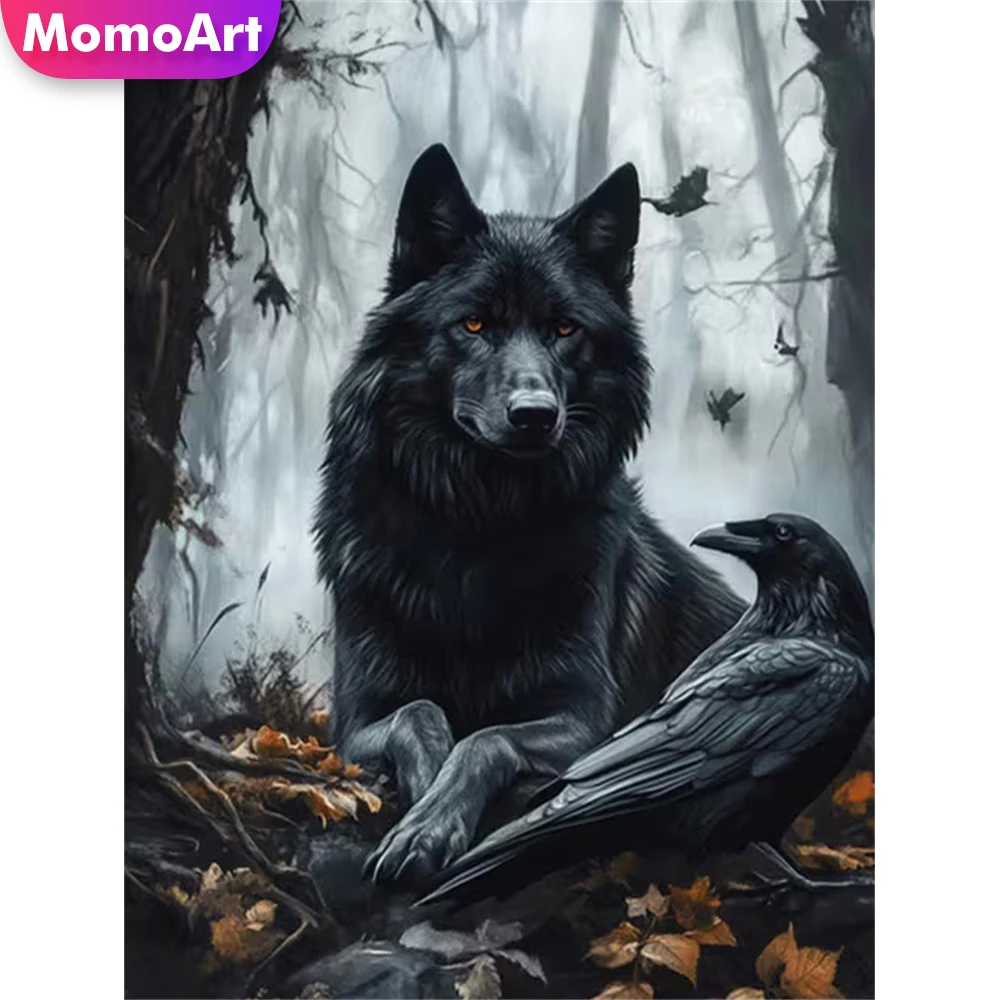 Momoart Diamant-Mosaik, Hund, Tier, Krähe, DIY, Diamant-Stickerei, Wolf, Gemälde, Vogel, Bastelset, Bild von Strasssteinen, Dekor für Zuhause