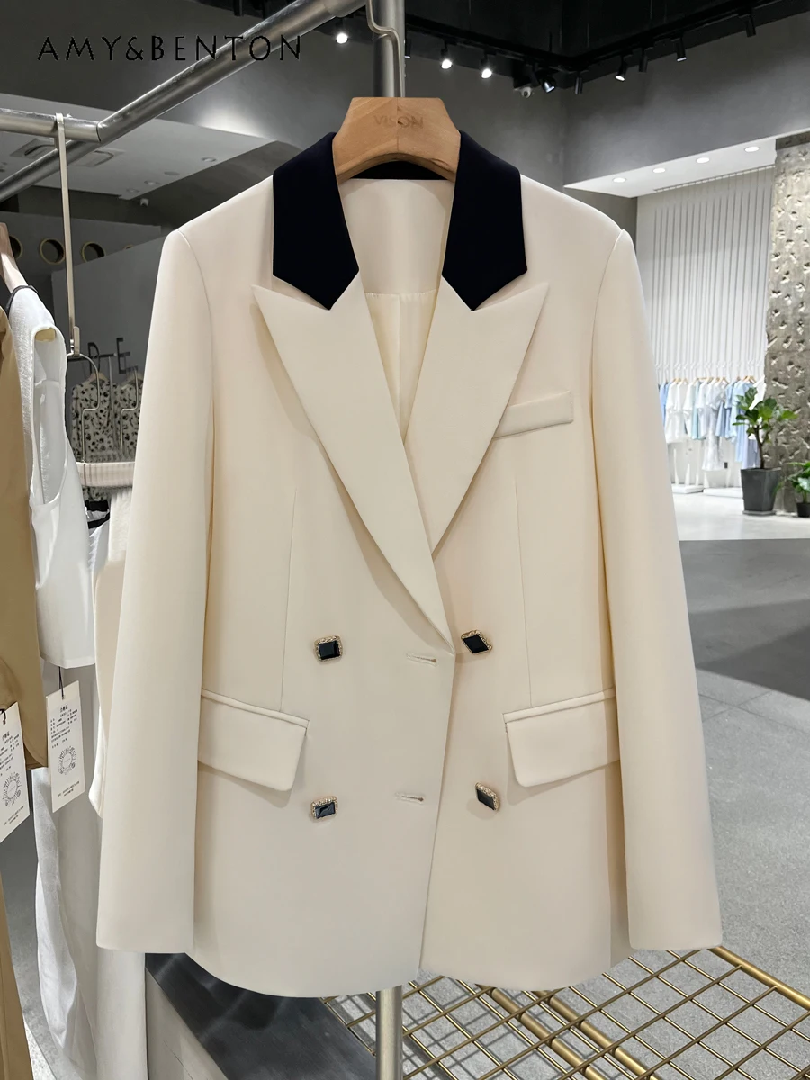 

Beige Business Suit Coat British Style Retro Color Matching Coat Women Spring Korean Fashion Double Breasted Loose Casual Jacket