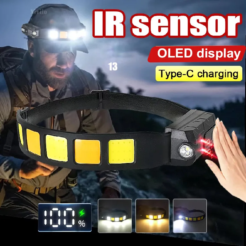 

2026 Новая ультра яркая светодиодная фара, перезаряжаемый налобный фонарь, портативный уличный налобный фонарь для рыбалки и кемпинга с датчиком волны