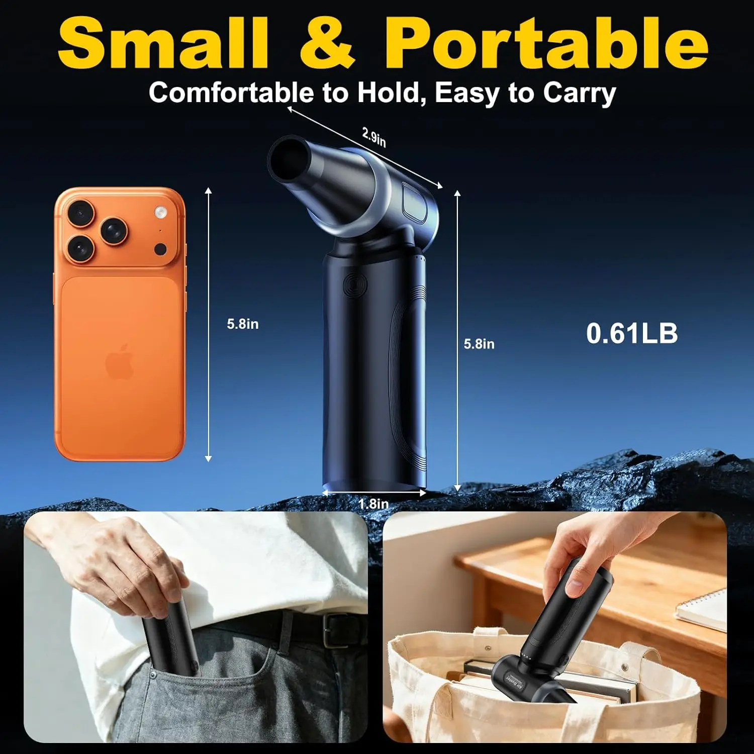 منفضة هواء كهربائية، منفضة هواء مضغوطة 150000 دورة في الدقيقة للتنظيف، منفاخ صغير لاسلكي قابل للتعديل بثلاثة تروس مع شحن سريع، جيت