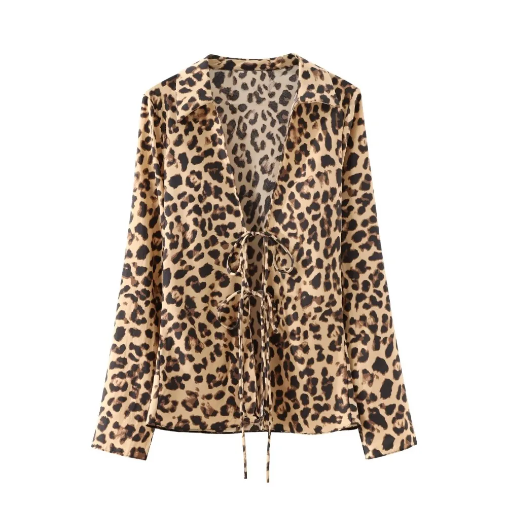 TRAF ZR Animal Print Tied Straps Blouse 2024 Woman Basic Cardigan Long Sleeve Slit At Cuff Outfit Opening and Tied Bows At Chest