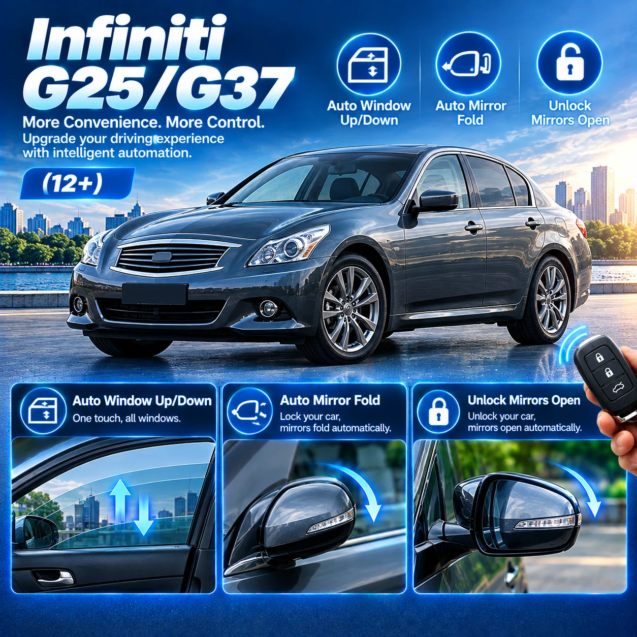 Dedicated upgrade kit for Infiniti G25/G37 (2012+) enabling one-touch automatic window closing and automatic side mirror folding