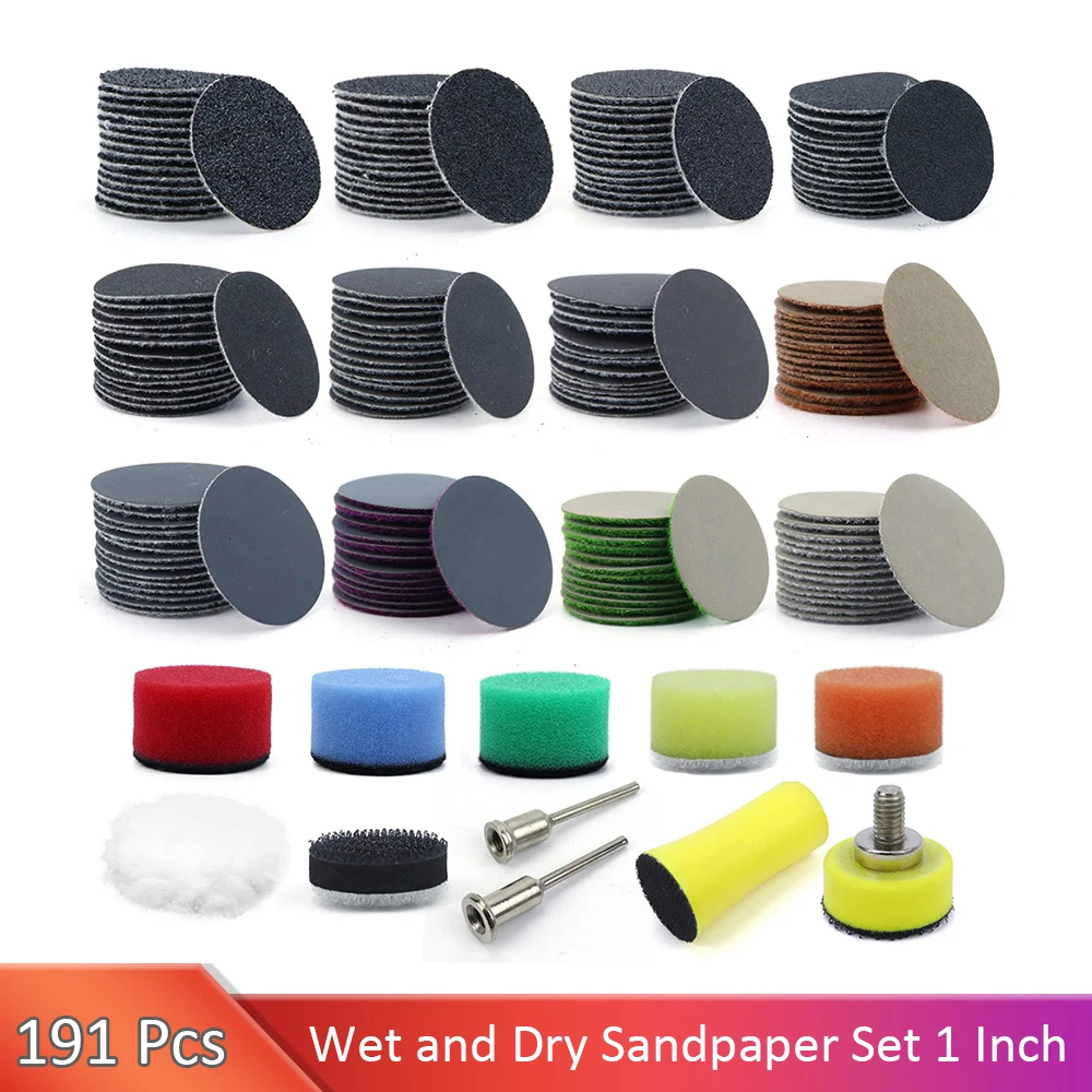 

191 PCS 1 Inch 25mm Sanding Discs Hook and Loop Wet Dry Sandpaper with 3mm Shank Backing Pad Polishing Pads and Interface Pad