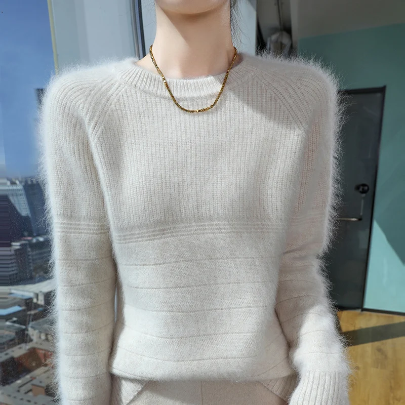 100% Mink Cashmere Sweater Women's Round Neck Knitted Pullover Winter Thick Warm Jacquard Top Fashionable Solid Color Large Size