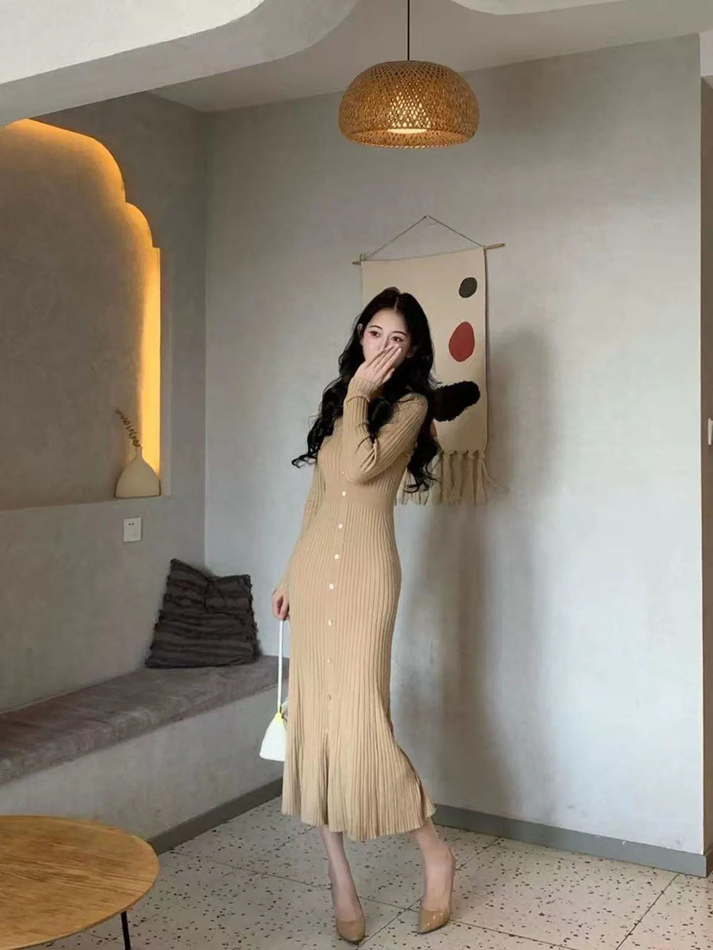 

Elegant Knitted Dress Slim Fit Autumn Winter Long Dress Waist Cinched Base Layer French Style V Neck Knit Dress for Women