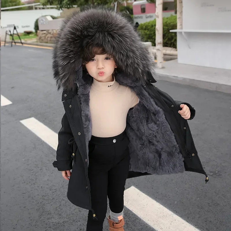 Winter Girls Boys Real Fur Coat Detachable Parka Rabbit Fur Liner Raccoon Fur Collar Children Girls Thicken Warm Outerwear TZ609