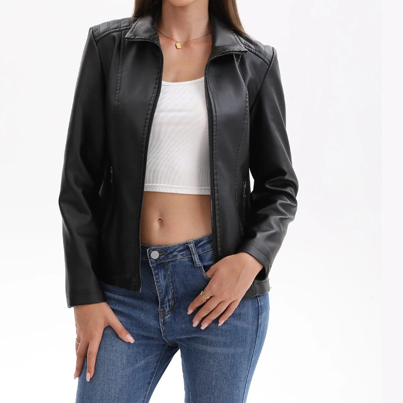 

Fashion Women's Leather Jacket, New Short Leather Jacket with Knitted Splice Stretch Outerwear