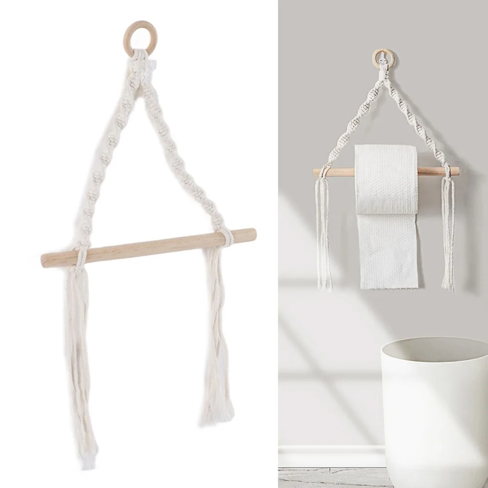 2pcs Portable Wall Mounted Paper Towel Holder Cotton Rope Anti Static Boho Toilet Roll Holder Towel Rack For Bathroom