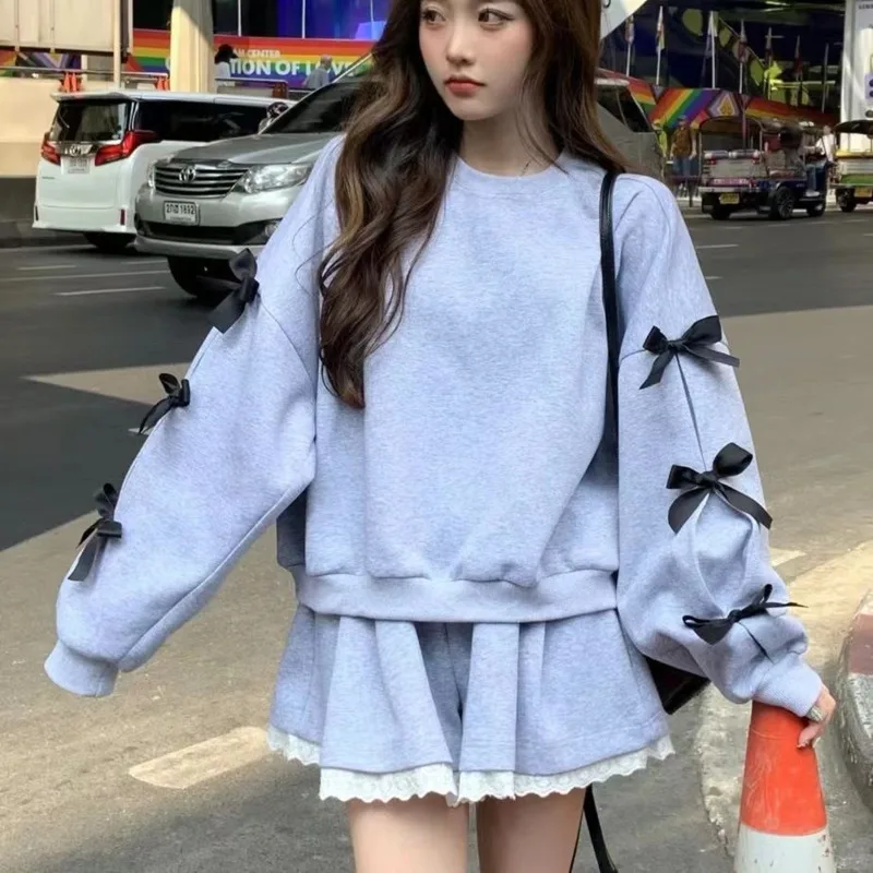 

Blue Bow Shorts Set Korean Trendy Long Sleeve Hoodie And Short Pants Suit Women Spring Autumn Casual Versatile High-end Clothing